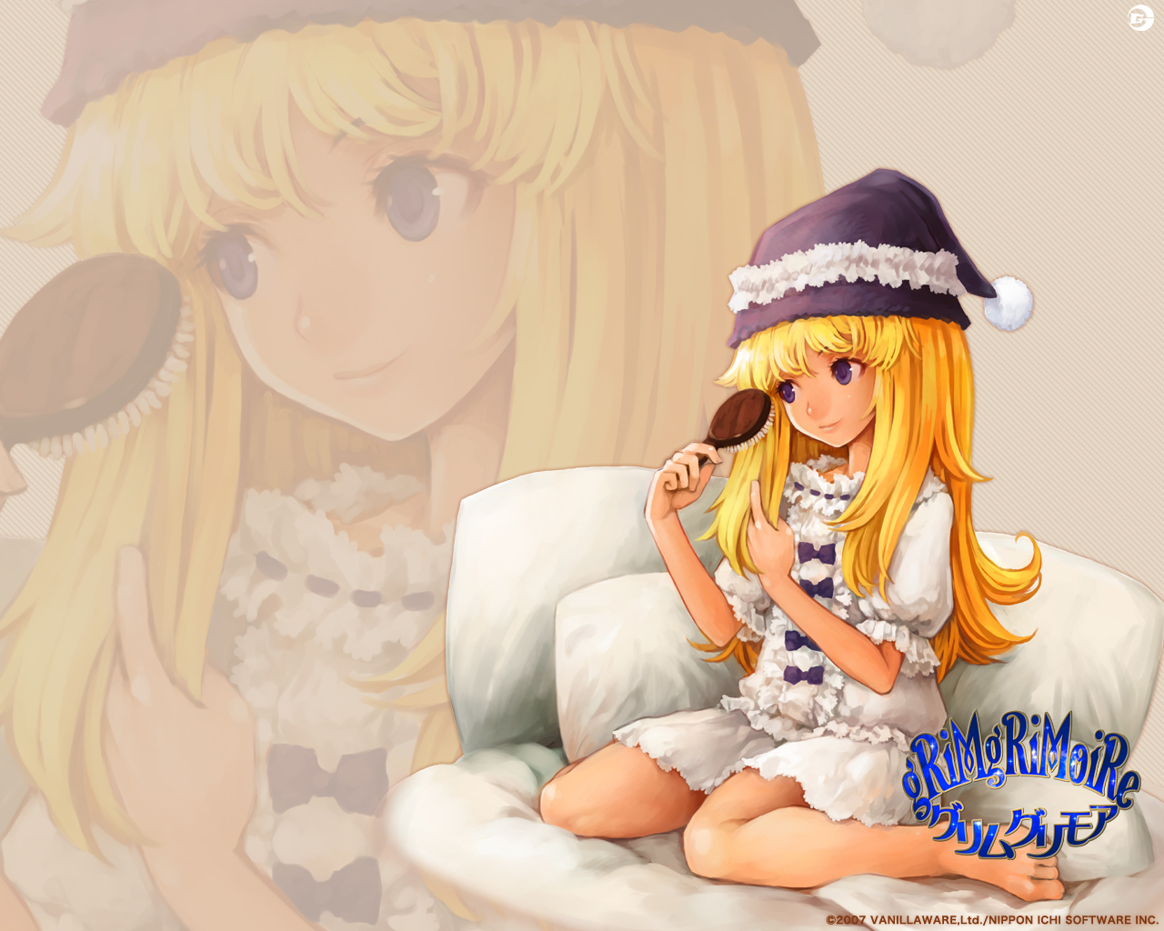 kamitani george, lillet blan, grimgrimoire, beige background, 1girl, bare legs, barefoot, beanie, blonde hair, brushing hair, brushing own hair, dress, female focus, full body, hat, holding, holding own hair, pom pom beanie, puffy short sleeves, puffy sleeves, short sleeves, simple background, sitting, smile, solo, wariza, white dress, zoom layer