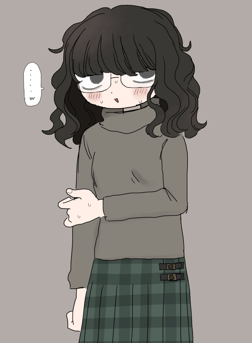 ikuta semi, original, highres, paid reward available, …, 1girl, bags under eyes, black eyes, black hair, breasts, grey background, jimiko, medium hair, messy hair, plaid clothes, plaid skirt, simple background, skirt, small breasts, sweat, turtleneck, wavy hair