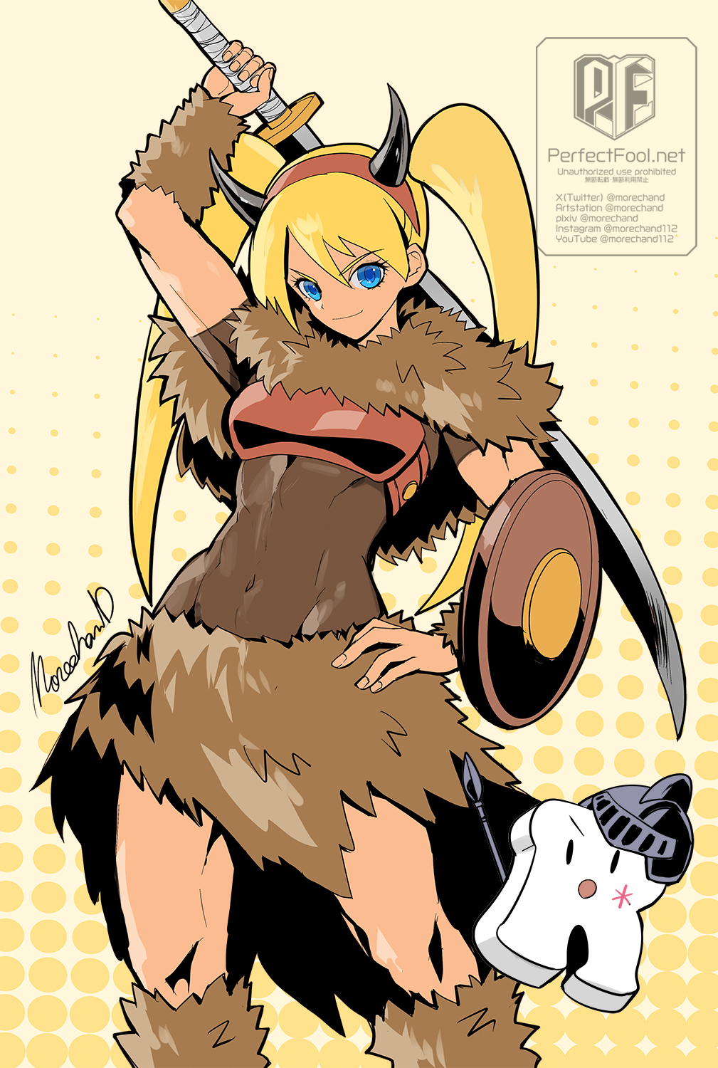 moreshan, rta-chan, rta in japan, commentary request, highres, 1girl, arm up, artist name, artstation username, blonde hair, blue eyes, breasts, english text, hand on own hip, helmet, holding, holding sword, holding weapon, instagram username, light smile, looking at viewer, navel, pixiv username, shield, simple background, sword, toned, toned female, twintails, twitter username, watermark, weapon, web address, youtube username
