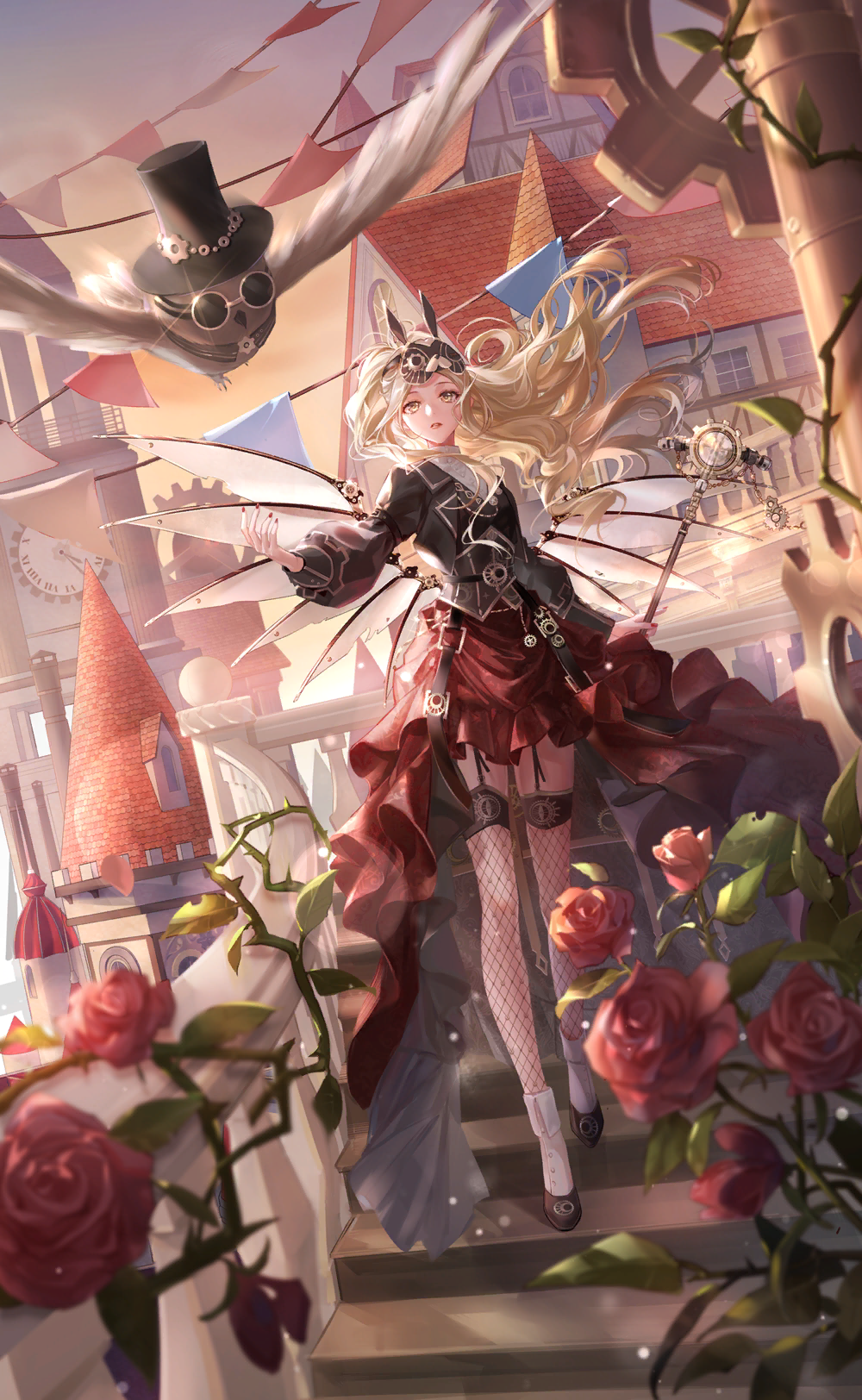 nikki (series), shining nikki, artist request, game cg, highres, official art, 1girl, animal, asymmetrical skirt, bird, black bird, black jacket, black mask, black shoes, black thighhighs, blazer, blonde hair, castle, cecilia (shining nikki), clothed animal, cloud, collared jacket, collared shirt, collared socks, fishnet thighhighs, fishnets, floating hair, flower, frilled skirt, frills, full body, garland (decoration), gear print, gears, high heels, holding, holding staff, jacket, lapels, layered legwear, light particles, lipstick, long hair, long skirt, long sleeves, looking at another, makeup, mask, mask on head, mechanical wings, molten gold (shining nikki), nail polish, notched lapels, orange sky, outdoors, outstretched arm, parted lips, puffy long sleeves, puffy sleeves, rabbit mask, red flower, red lips, red nails, red rose, red skirt, ribbed thighhighs, rose, shirt, shoes, skirt, sky, socks, solo, staff, stairs, standing, steampunk, sunset, surprised, thighhighs, town, very long hair, wavy hair, white shirt, white socks, white wings, wings, yellow eyes