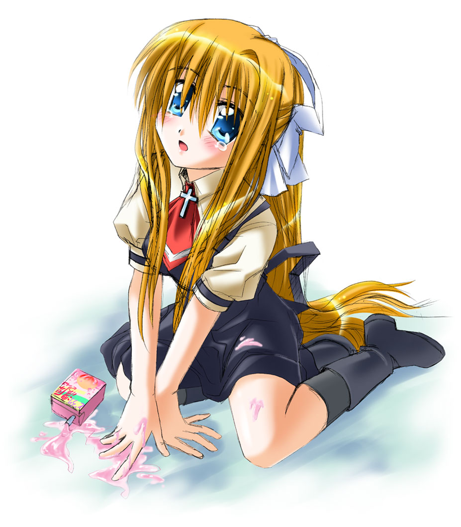 otoki raku, kamio misuzu, air (visual novel), 00s, 1girl, black boots, black bow, blonde hair, blue eyes, blush, boots, bow, bowtie, brown shirt, cross, crying, dress, female focus, full body, hairband, long hair, looking at viewer, open mouth, pinafore dress, red bow, red bowtie, shirt, sitting, sleeveless, sleeveless dress, solo, spill, spilling, tears, very long hair, white background