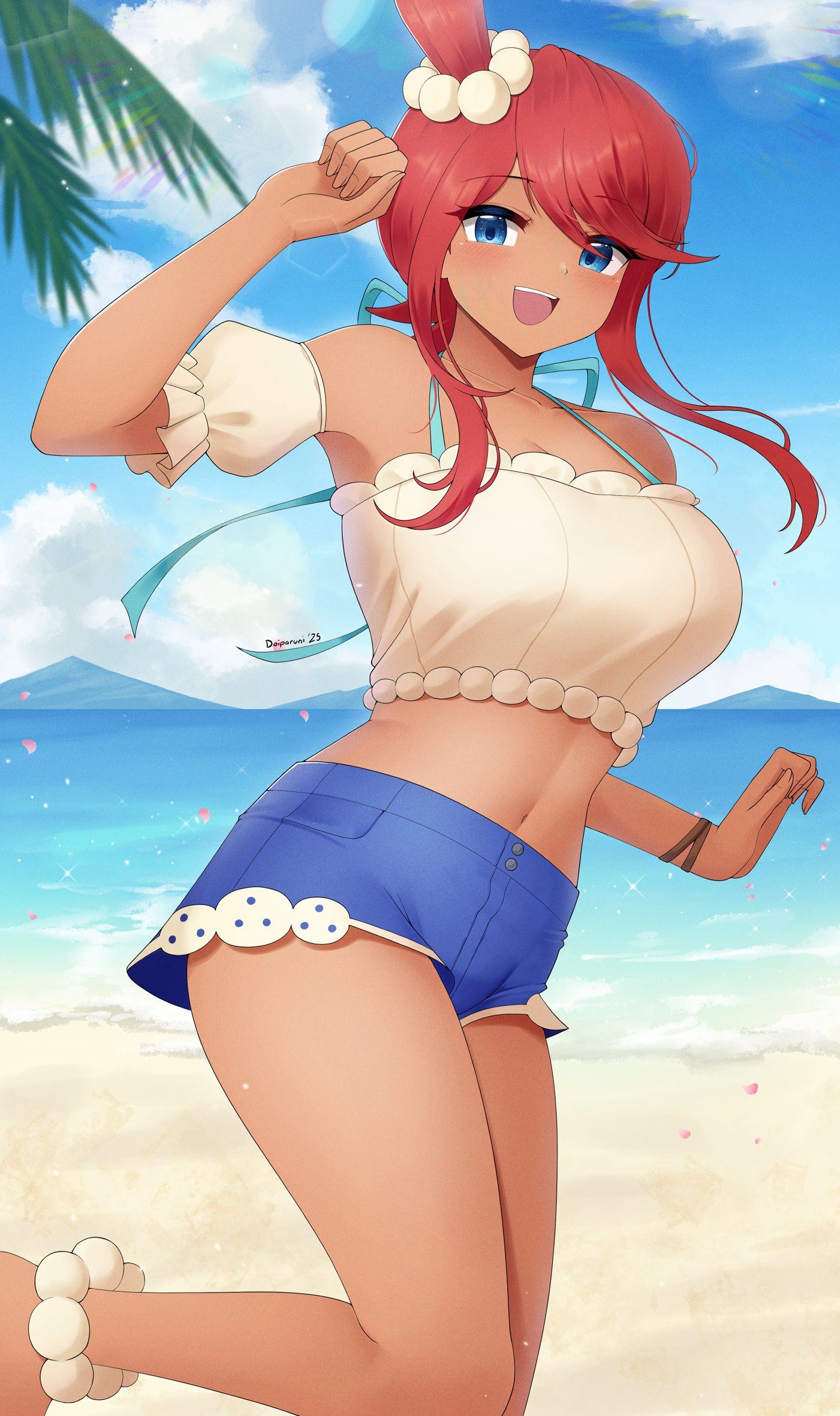 doiparuni, skyla (pokemon), skyla (summer 2025) (pokemon), nintendo, pokemon, pokemon masters ex, highres, 1girl, bare shoulders, beach, bikini, bikini under clothes, bikini under shorts, blue eyes, blue shorts, blue sky, blush, breasts, cloud, collarbone, crop top, denim, denim shorts, hair ornament, looking at viewer, midriff, navel, ocean, off-shoulder shirt, off shoulder, official alternate costume, one side up, open mouth, outdoors, palm leaf, red hair, shirt, short hair with long locks, shorts, sidelocks, sky, smile, solo, swimsuit, teeth, upper teeth only, water
