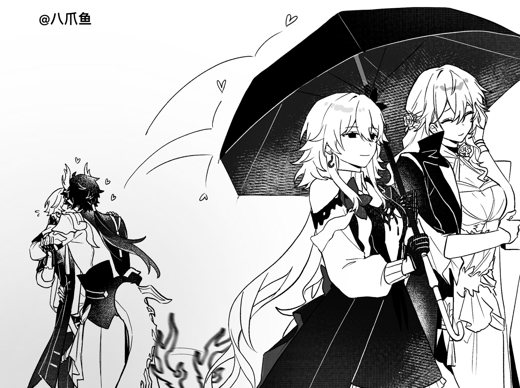 daochuluanpa, caelus (honkai: star rail), dan heng (honkai: star rail), dan heng (permansor terrae) (honkai: star rail), evernight (honkai: star rail), himeko (honkai: star rail), march 7th (honkai: star rail), trailblazer (honkai: star rail), honkai: star rail, honkai (series), highres, 2boys, 2girls, arm support, bracelet, braid, breasts, chinese clothes, choker, cleavage cutout, closed eyes, closed mouth, clothing cutout, coat, collared dress, cowboy shot, dragon boy, dragon horns, dragon tail, dress, empty eyes, flower, flower ornament, flying sweatdrops, from behind, gloves, hair between eyes, hair flower, hair ornament, hairclip, half-closed eyes, hand on own chest, hand up, heart, holding, holding umbrella, horns, jacket, jewelry, kiss, lapels, large breasts, long hair, long sleeves, looking to the side, low ponytail, low twintails, monochrome, multiple boys, multiple girls, official alternate costume, official alternate hairstyle, open clothes, open coat, open jacket, pants, ponytail, puffy long sleeves, puffy sleeves, rose, shirt, short hair, shoulder cutout, sidelocks, simple background, single bare shoulder, single braid, smile, standing, t-shirt, tail, twintails, two-tone dress, umbrella, yaoi