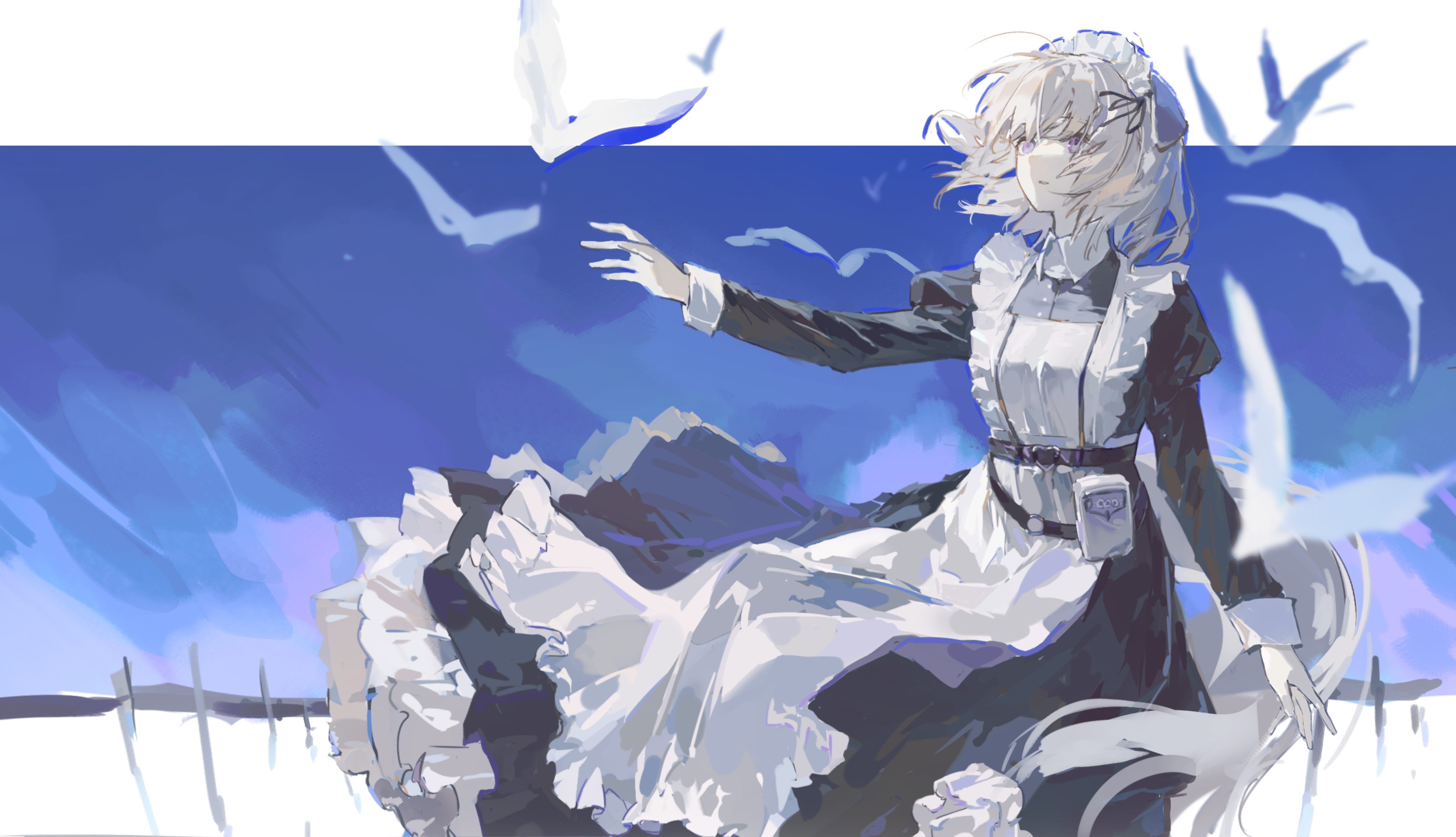 jiazhebaoshijiea3, misumi uika, misumi uika (caged singer), arknights, bang dream!, bang dream! it's mygo!!!!!, absurdres, chinese commentary, commentary request, highres, 1girl, animal ears, apron, black dress, blonde hair, blue sky, day, dog ears, dog girl, dog tail, dress, frilled apron, frilled dress, frills, juliet sleeves, kemonomimi mode, long sleeves, maid, maid apron, maid headdress, outdoors, outstretched arm, puffy sleeves, purple eyes, short hair, sky, solo, standing, tail, white apron, wind