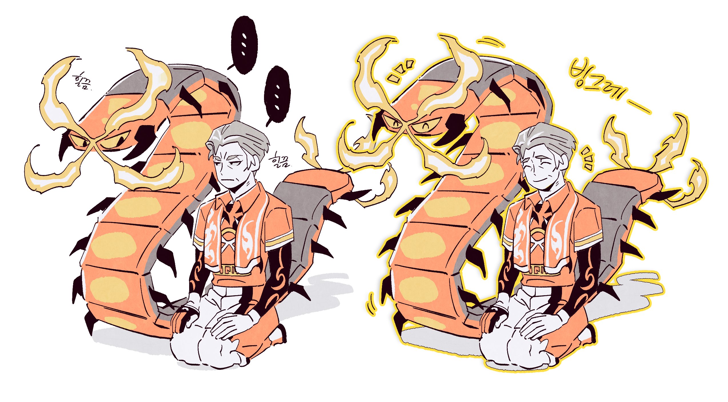 centiskorch, kabu (pokemon), nintendo, pokemon, pokemon swsh, commentary request, highres, korean commentary, …, :|, ^ ^, closed eyes, closed mouth, collared shirt, colored speech bubble, eye contact, gen 8 pokemon, gloves, grey hair, haaa om007ls, hands on own thighs, kneeling, layered sleeves, long sleeves, looking at another, looking to the side, male focus, multicolored hair, notice lines, partially fingerless gloves, pokemon (creature), print shirt, red shirt, shirt, short hair, short over long sleeves, short sleeves, shorts, sideways glance, simple background, single glove, smile, speech bubble, spoken ellipsis, streaked hair, towel, towel around neck, white background, wing collar, wrinkled skin, yellow eyes