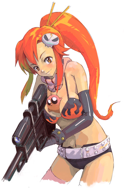 guitar (guitars), boota (ttgl), yoko littner, tengen toppa gurren lagann, 00s, 1girl, animal, animal between breasts, belt, between breasts, bikini, bikini top only, breasts, elbow gloves, female focus, gloves, gun, hair ornament, ponytail, red hair, scarf, shorts, solo, swimsuit, thighhighs, weapon