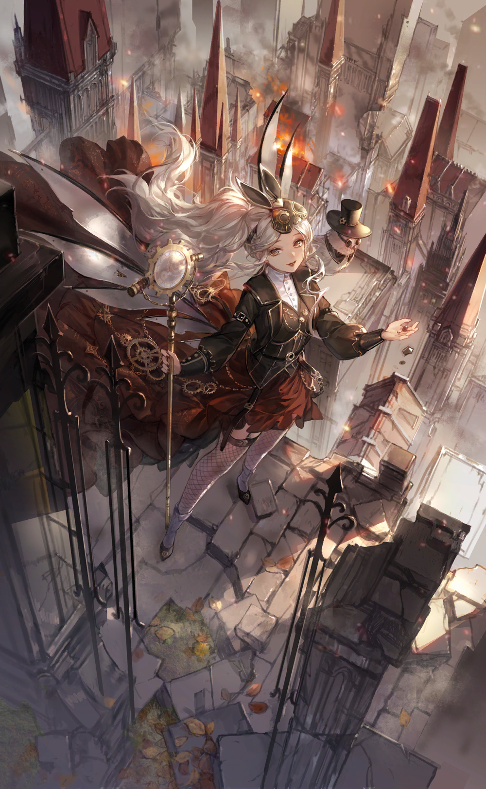 nikki (series), shining nikki, artist request, game cg, highres, official art, 1girl, animal, asymmetrical skirt, autumn, belt, belt buckle, bird, black belt, black jacket, black mask, black shoes, black thighhighs, black vest, blazer, buckle, buttons, castle, cecilia (shining nikki), clothed animal, collared shirt, collared socks, day, dress shirt, embers, eyelashes, fire, fishnet thighhighs, fishnets, floating clothes, floating hair, frilled skirt, frills, full body, gear print, gears, happy, high collar, high heels, holding, holding petal, holding staff, jacket, layered legwear, lipstick, long hair, long skirt, long sleeves, looking at viewer, makeup, mask, mask on head, mechanical wings, molten gold (shining nikki), on rooftop, open clothes, open jacket, open mouth, outdoors, outstretched hand, owl, petals, pillar, ponytail, puffy long sleeves, puffy sleeves, rabbit mask, red lips, red skirt, ribbed thighhighs, shirt, shoes, sidelocks, skirt, sleeve belt, smile, smoke, socks, solo, staff, standing, steampunk, striped clothes, striped vest, thighhighs, town, vertical-striped clothes, vertical-striped vest, very long hair, vest, wavy hair, white bird, white hair, white shirt, white socks, white wings, wings, yellow eyes