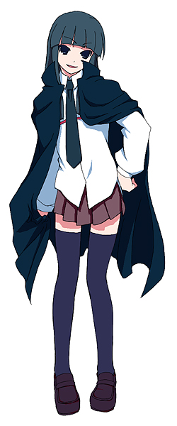 daizan (mount position), original, watashitachi no tamura-kun, 1girl, cape, female focus, green eyes, green hair, hand on own hip, hime cut, matching hair/eyes, school uniform, serafuku, simple background, smile, solo, thighhighs, white background, zettai ryouiki
