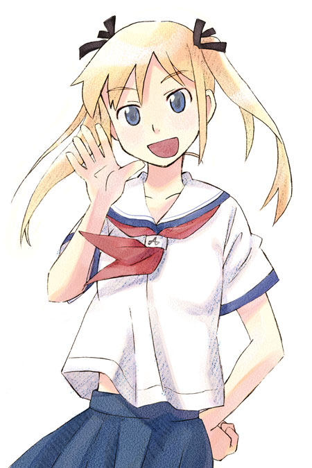 original, eyebrows, 1girl, blue skirt, blush, female focus, looking at viewer, school uniform, serafuku, shirt, short sleeves, simple background, skirt, solo, waving, white background, white shirt