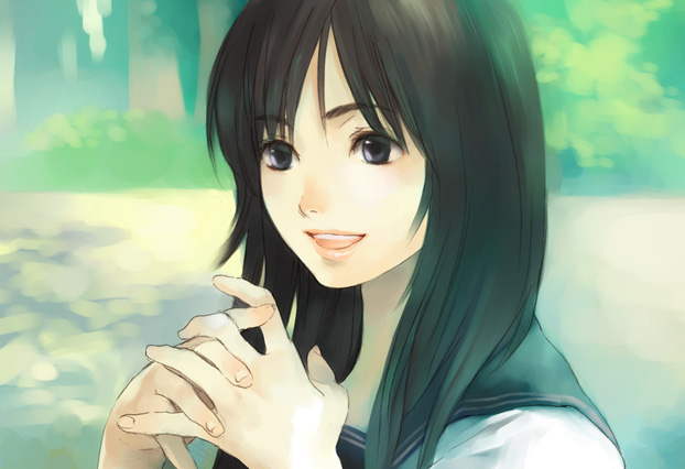 ariko, original, 1girl, black eyes, black hair, female focus, happy, mannen take, outdoors, school uniform, serafuku, smile, solo