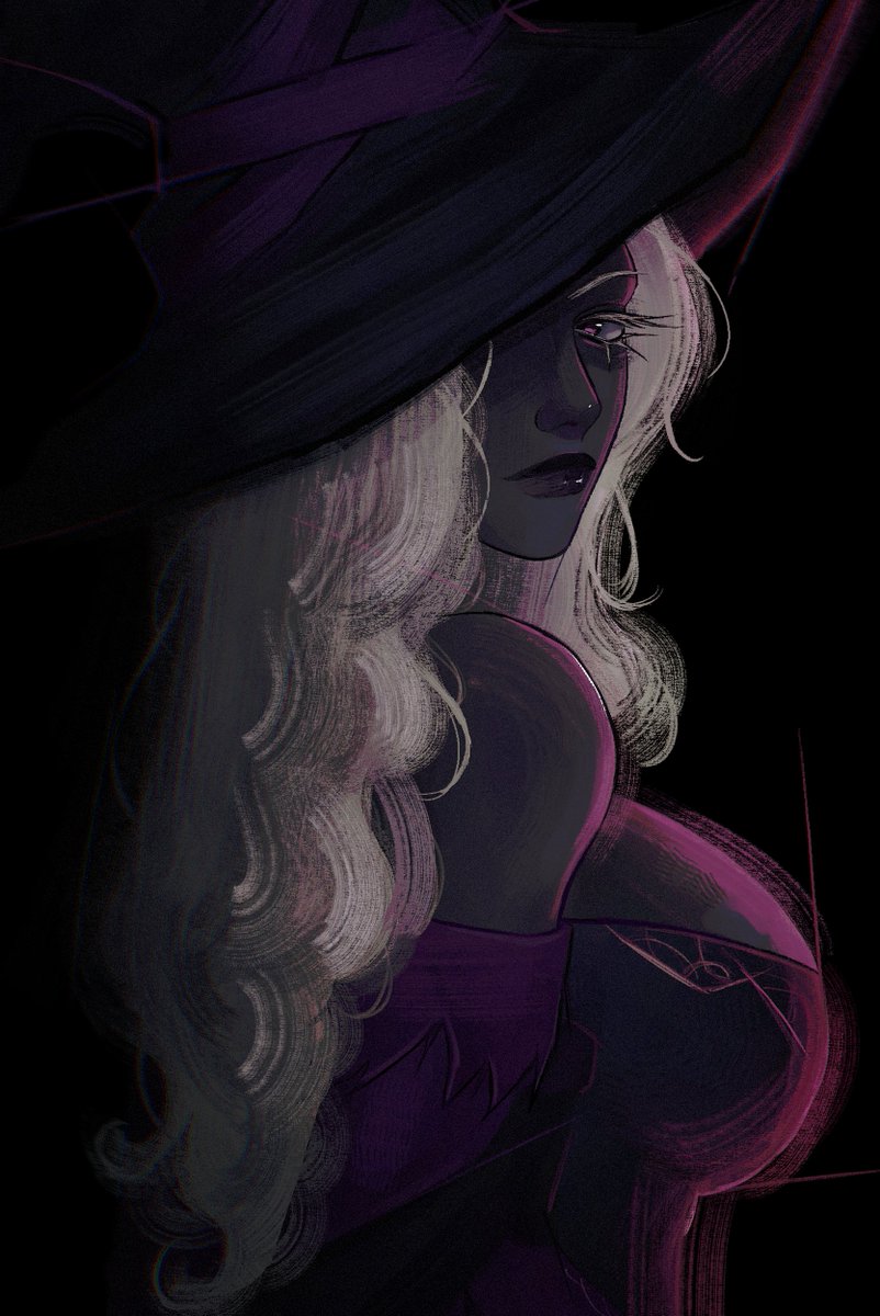 recluse (elden ring), elden ring, elden ring nightreign, commentary, english commentary, highres, 1girl, black background, black skin, breasts, colored eyelashes, colored skin, dress, from side, hat, knightaout, long hair, looking at viewer, looking to the side, medium breasts, off-shoulder dress, off shoulder, one eye covered, purple dress, purple hat, simple background, single bare shoulder, solo, upper body, white hair, witch, witch hat
