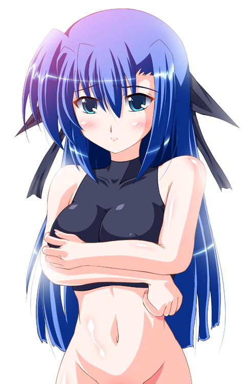 futaba shion, utanone shion, ginga nakajima, lyrical nanoha, mahou shoujo lyrical nanoha, mahou shoujo lyrical nanoha strikers, 00s, 1girl, black bow, blue eyes, blue hair, blush, bottomless, bow, collarbone, crossed arms, female focus, frown, hair bow, impossible clothes, looking at viewer, matching hair/eyes, out-of-frame censoring, simple background, skin tight, solo, white background