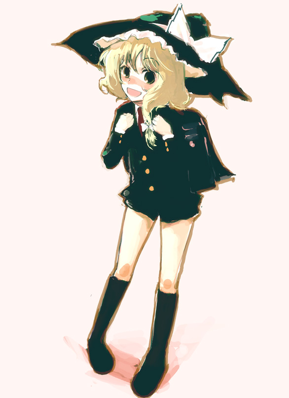 nokishita, kirisame marisa, touhou, 1girl, :d, alternate costume, backpack, bag, black socks, blazer, blonde hair, blush, buttons, female focus, full body, hat, holding, holding behind back, jacket, kneehighs, loafers, looking at viewer, nose blush, open mouth, pigeon-toed, school uniform, serafuku, shoes, simple background, smile, socks, solo, standing, white background, witch hat