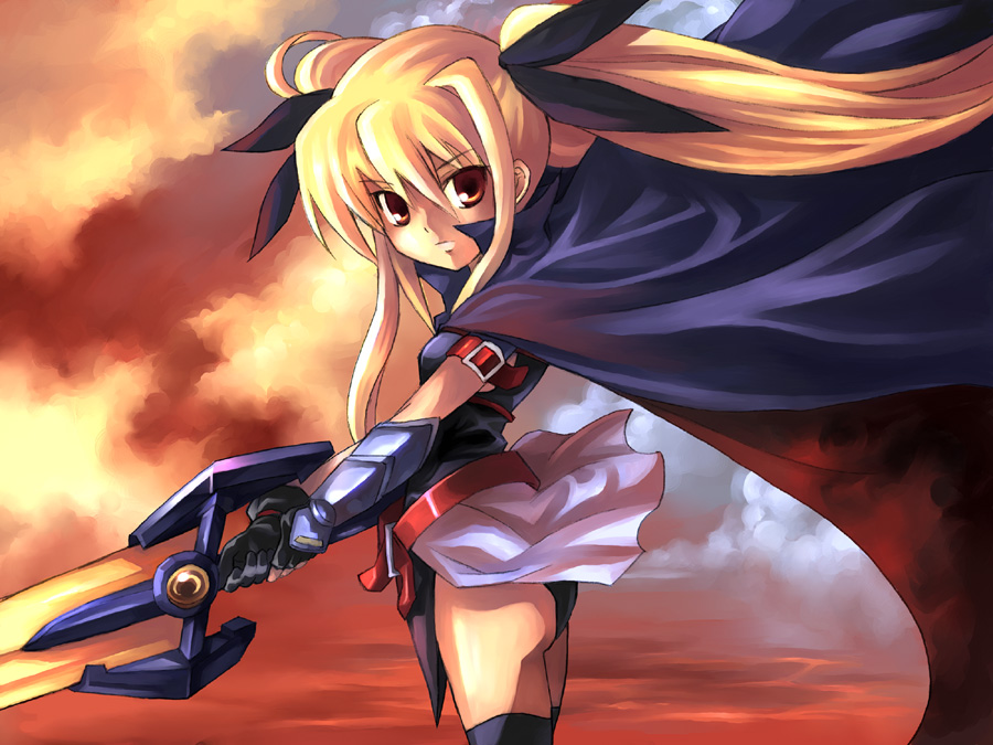 kouno hikaru, bardiche (nanoha), bardiche (zanber form) (nanoha), fate testarossa, fate testarossa (lightning form), lyrical nanoha, mahou shoujo lyrical nanoha, mahou shoujo lyrical nanoha a's, 00s, 1girl, arm belt, belt, blonde hair, cape, energy sword, female focus, fingerless gloves, gloves, magical girl, red eyes, solo, sword, thighhighs, twintails, weapon