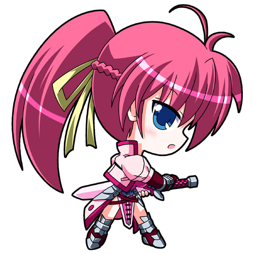 futaba shion, utanone shion, laevatein (nanoha), signum, lyrical nanoha, mahou shoujo lyrical nanoha, mahou shoujo lyrical nanoha a's, lowres, 00s, 1girl, blue eyes, chibi, female focus, gloves, magical girl, pink hair, ponytail, solo, sword, waist cape, weapon