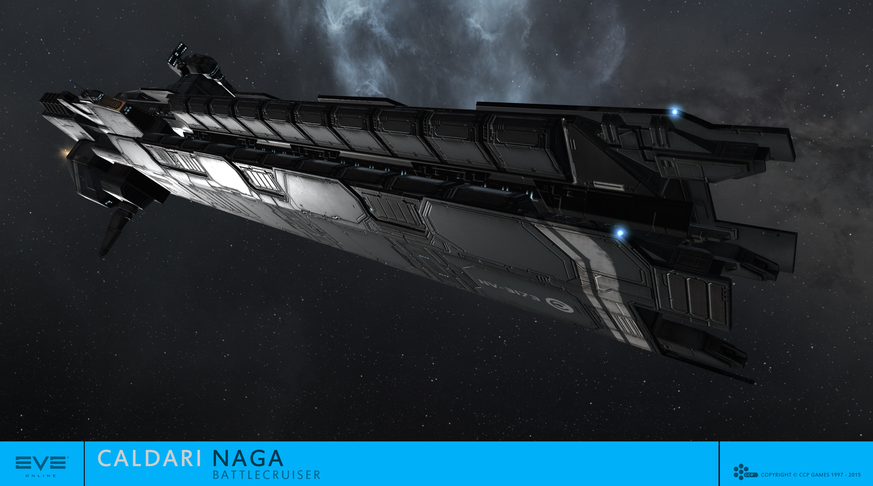 eve online, absurdres, commentary, english commentary, highres, maya (medium), official art, 3d, attack ship (eve online), battlecruiser (eve online), caldari state (eve online), cloud, company logo, company name, copyright logo, copyright name, dated, flying, glowing, grey background, hyasyoda corporation (eve online), logo, military vehicle, naga (eve online), no humans, outdoors, radar, radio antenna, science fiction, space, spacecraft, star (sky), starry sky background, vehicle focus, vehicle name, ymir jonsson