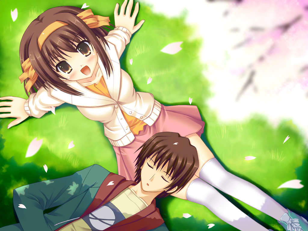 uehiro, kyon, suzumiya haruhi, suzumiya haruhi no yuuutsu, 00s, brown hair, cardigan, casual, cherry blossoms, closed eyes, lap pillow, short hair, sleeping, thighhighs, zettai ryouiki