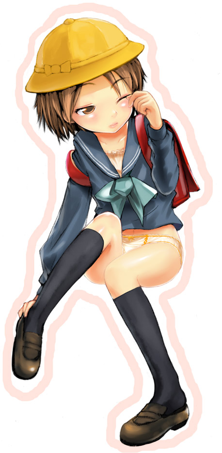 negy, backpack, bag, hat, kneehighs, panties, randoseru, school uniform, serafuku, socks, solo, underwear