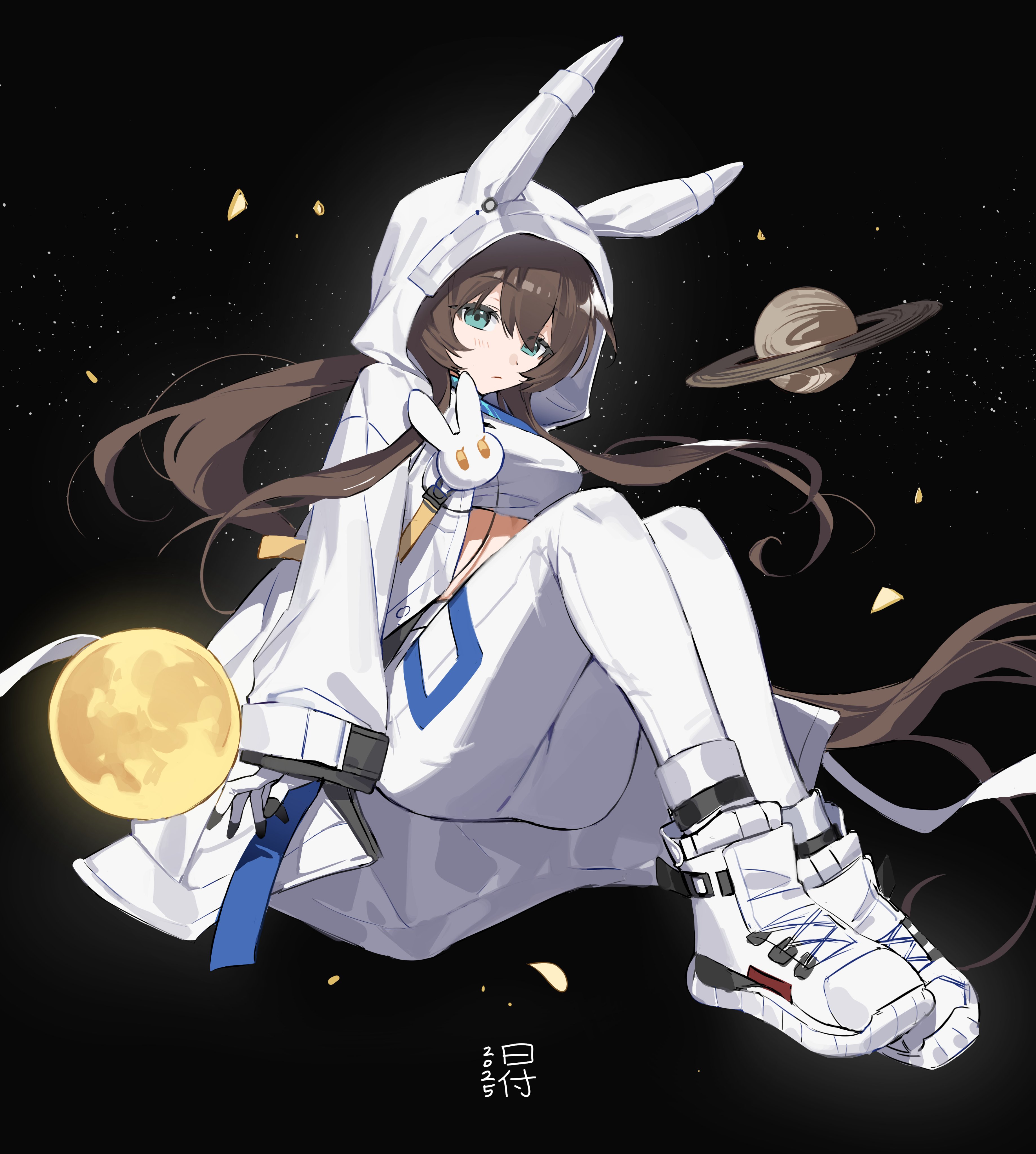 seizou hidzuke, amiya (arknights), amiya (guard) (arknights), amiya (guard) (touch the stars) (arknights), arknights, absurdres, hashtag-only commentary, highres, 1girl, ankle boots, aqua eyes, boots, brown hair, closed mouth, coat, floating, full body, gloves, hair between eyes, hood, hood up, hooded coat, knees up, leggings, light blush, long hair, long sleeves, looking at viewer, official alternate costume, open clothes, open coat, outdoors, planet, solo, space, star (sky), white boots, white coat, white gloves, white leggings