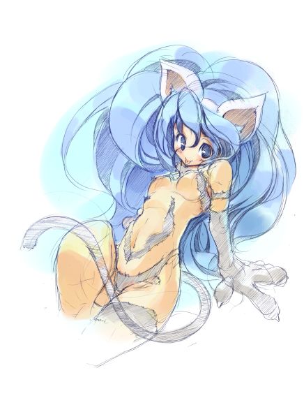 hanpen, felicia (darkstalkers), capcom, darkstalkers, 1girl, :p, animal ears, animal hands, big hair, blue eyes, blue hair, cat ears, cat girl, cat paws, cat tail, female focus, long hair, matching hair/eyes, navel, no nose, sitting, sketch, solo, tail, tongue, tongue out