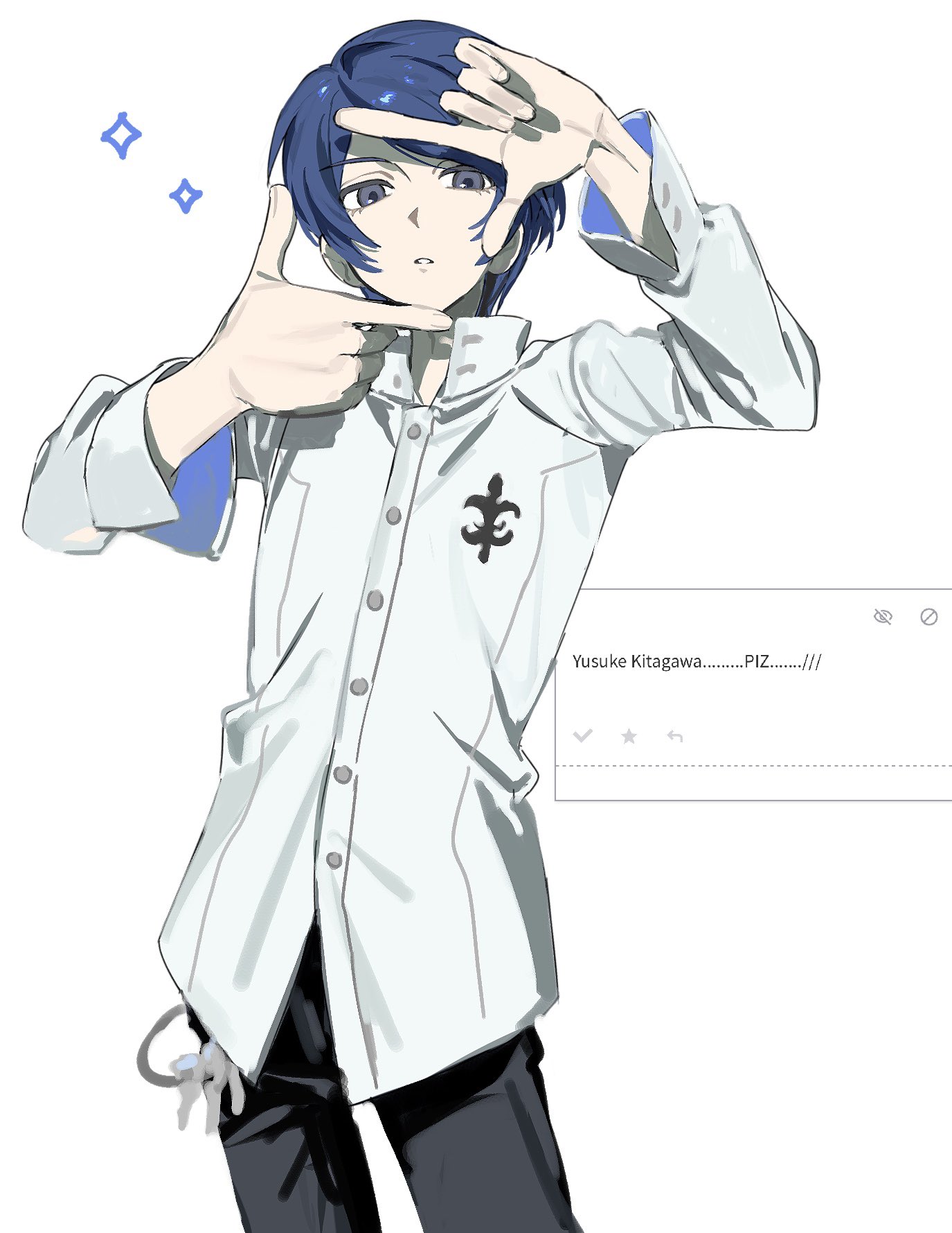 hatena art, kitagawa yuusuke, odaibako, persona, persona 5, highres, 1boy, black pants, blue eyes, blue hair, cowboy shot, dress shirt, finger frame, four-pointed star, hands up, key, keyring, kosei high school uniform, long sleeves, looking at viewer, pants, parted bangs, parted lips, request inset, school uniform, shirt, short hair, simple background, solo, white background, white shirt