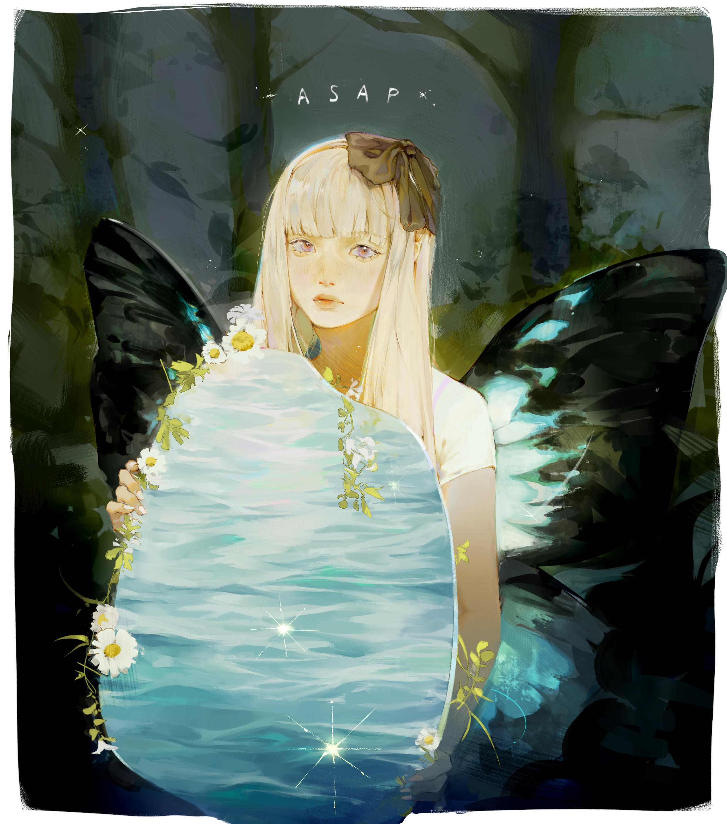 yue (yuehh23), newjeans, absurdres, character request, commentary, english commentary, highres, 1girl, asap (newjeans), blonde hair, bow, butterfly wings, flower, hair bow, insect wings, k-pop, long hair, solo, water, wings
