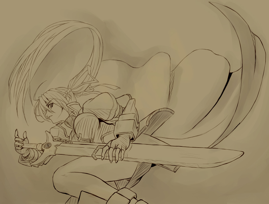nakayama yukiji, laevatein (nanoha), signum, lyrical nanoha, mahou shoujo lyrical nanoha, mahou shoujo lyrical nanoha a's, mahou shoujo lyrical nanoha strikers, eyebrows, 00s, 1girl, ahoge, ankle boots, arm guards, armor, armored dress, bare legs, boots, dress, female focus, fingerless gloves, gloves, holding, holding sword, holding weapon, long hair, looking at viewer, monochrome, ponytail, scabbard, sheath, solo, sword, unsheathed, unsheathing, very long hair, waist cape, weapon, yellow theme