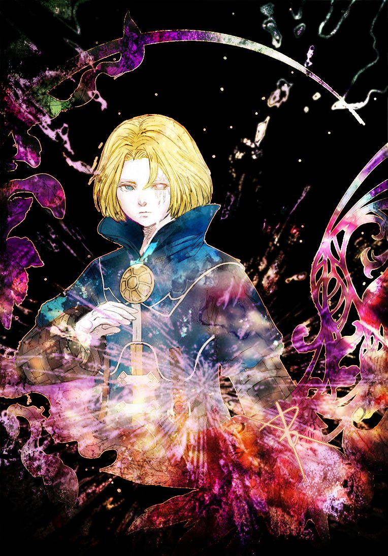 ruka (blueplus84), final fantasy, final fantasy xi, commentary, 1boy, black background, blonde hair, cropped torso, eald'narche, heterochromia, light frown, male focus, mismatched sclera, no eyepatch, scar, scar across eye, scar on face, short hair, solo