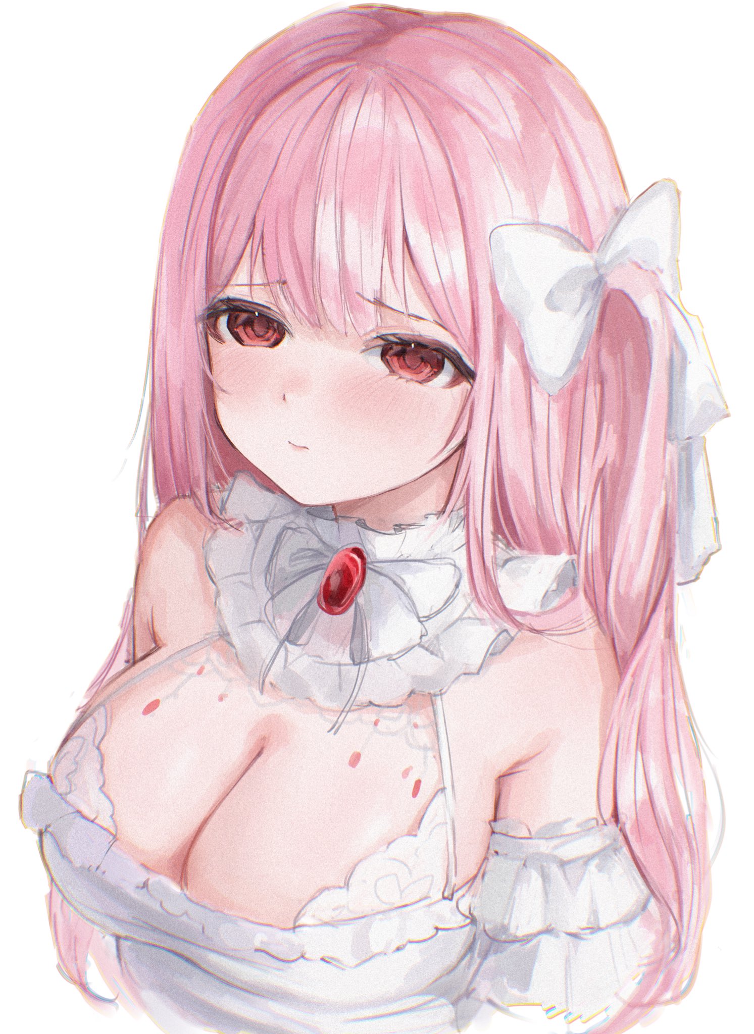 kiiume0, mori calliope, hololive, hololive english, commentary, highres, 1girl, bare shoulders, blush, bow, breasts, cleavage, closed mouth, collar, dress, gem, hair bow, large breasts, long hair, pink eyes, pink hair, red gemstone, simple background, solo, virtual youtuber, white background, white bow, white collar, white dress
