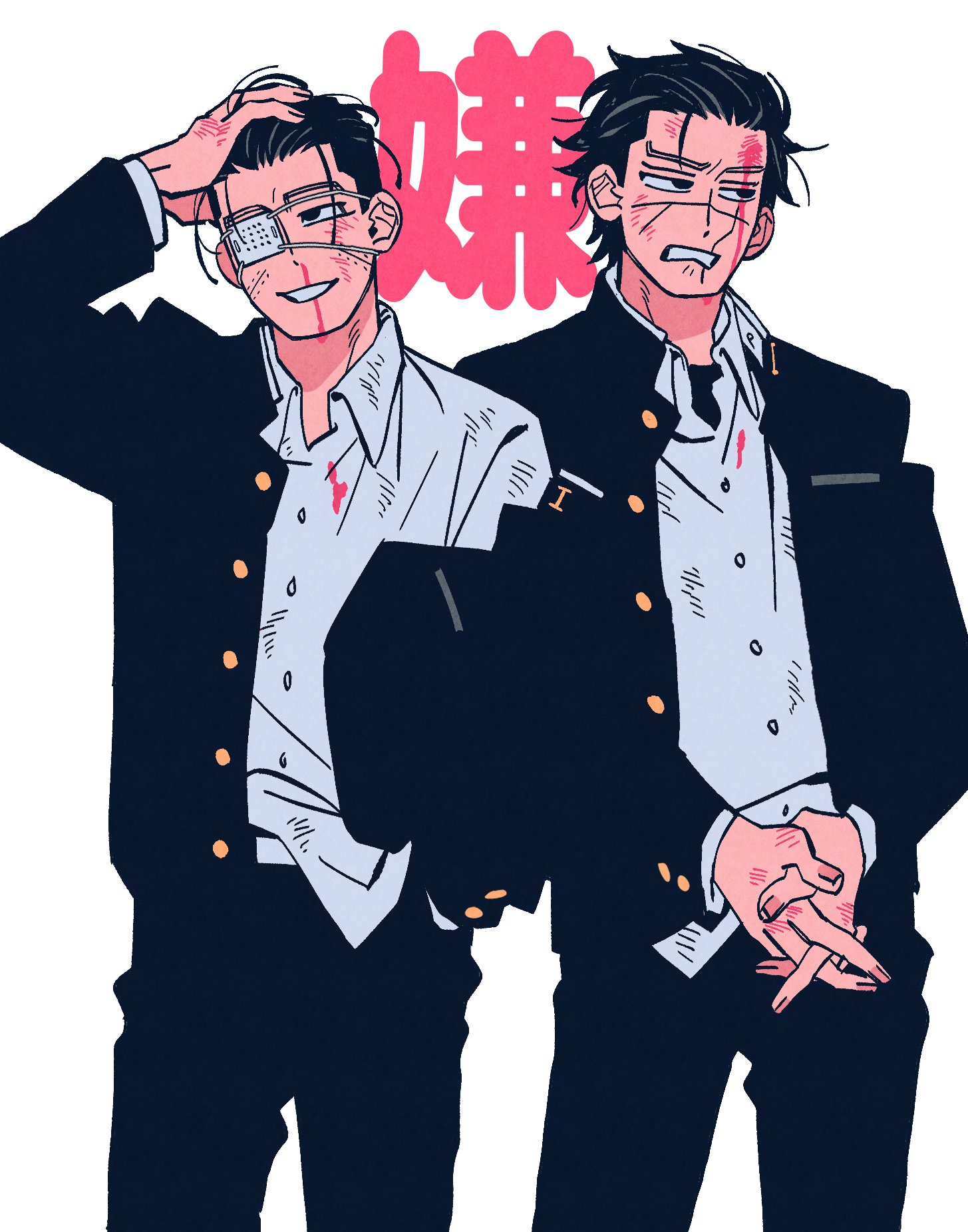 ogata hyakunosuke, sugimoto saichi, golden kamuy, commentary request, highres, korean commentary, 2boys, alternate universe, arm up, biting own lip, black eyes, black hair, black jacket, black pants, blood, blood on clothes, blood on face, buttons, collared jacket, collared shirt, contemporary, dirty, dirty clothes, eyepatch, facial scar, grin, haaa om007ls, hair slicked back, hand on own head, injury, jacket, layered sleeves, long sleeves, looking to the side, male focus, medical eyepatch, multiple boys, multiple scars, nosebleed, one eye covered, open clothes, open collar, open jacket, own hands together, pants, popped collar, scar, scar on cheek, scar on face, school uniform, shirt, short sideburns, sideways glance, smile, standing, teeth, white background, white shirt, wing collar