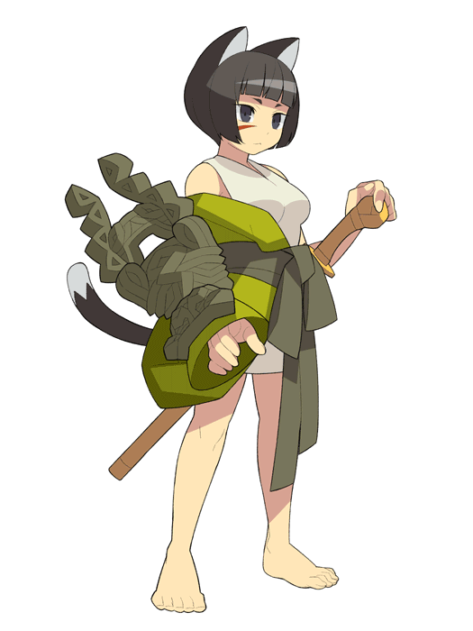itsumo nokoru, small pupils, archived source, character request, copyright request, 1girl, animal ears, anime coloring, bare legs, bare shoulders, barefoot, black eyes, black fur, black tail, blunt bangs, bob cut, breasts, cat ears, cat girl, closed mouth, clothes down, colored inner animal ears, dot nose, dress, facial scar, full body, green kimono, green sash, green sleeves, japanese clothes, kimono, legs apart, medium breasts, sash, scar, scar on cheek, scar on face, sheath, sheathed, short dress, short eyebrows, short hair, simple background, single bare arm, single sleeve, single sleeve past wrist, solo, sword, toenails, toes, v-neck, weapon, white background, white dress, white fur, white tail