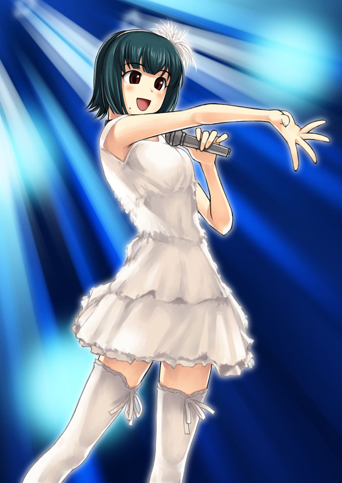 tanaka shoutarou, otonashi kotori, idolmaster, idolmaster (classic), idolmaster 1, 00s, 1girl, brown eyes, dress, female focus, green hair, microphone, mole, mole under mouth, short hair, solo, thighhighs, zettai ryouiki