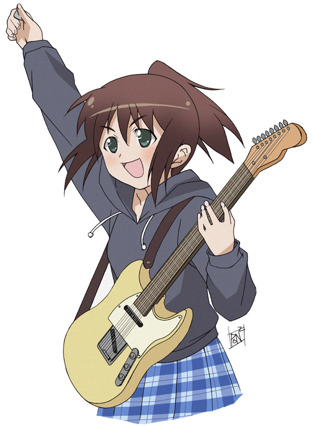 ponpon, band leader (manabi straight!), gakuen utopia manabi straight!, extra, 00s, 1girl, brown hair, female focus, green eyes, guitar, hood, hoodie, instrument, open mouth, plaid clothes, plaid skirt, plectrum, ponytail, school uniform, skirt, solo