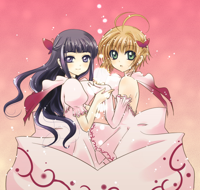 yukian, daidouji tomoyo, kinomoto sakura, cardcaptor sakura, 1990s (style), 2girls, antenna hair, bare shoulders, black hair, brown hair, butterfly hair ornament, child, dress, elbow gloves, gloves, hair ornament, long hair, multiple girls, pink background, pink dress, pink gloves, pink theme, puffy sleeves, purple eyes, retro artstyle, short hair, smile