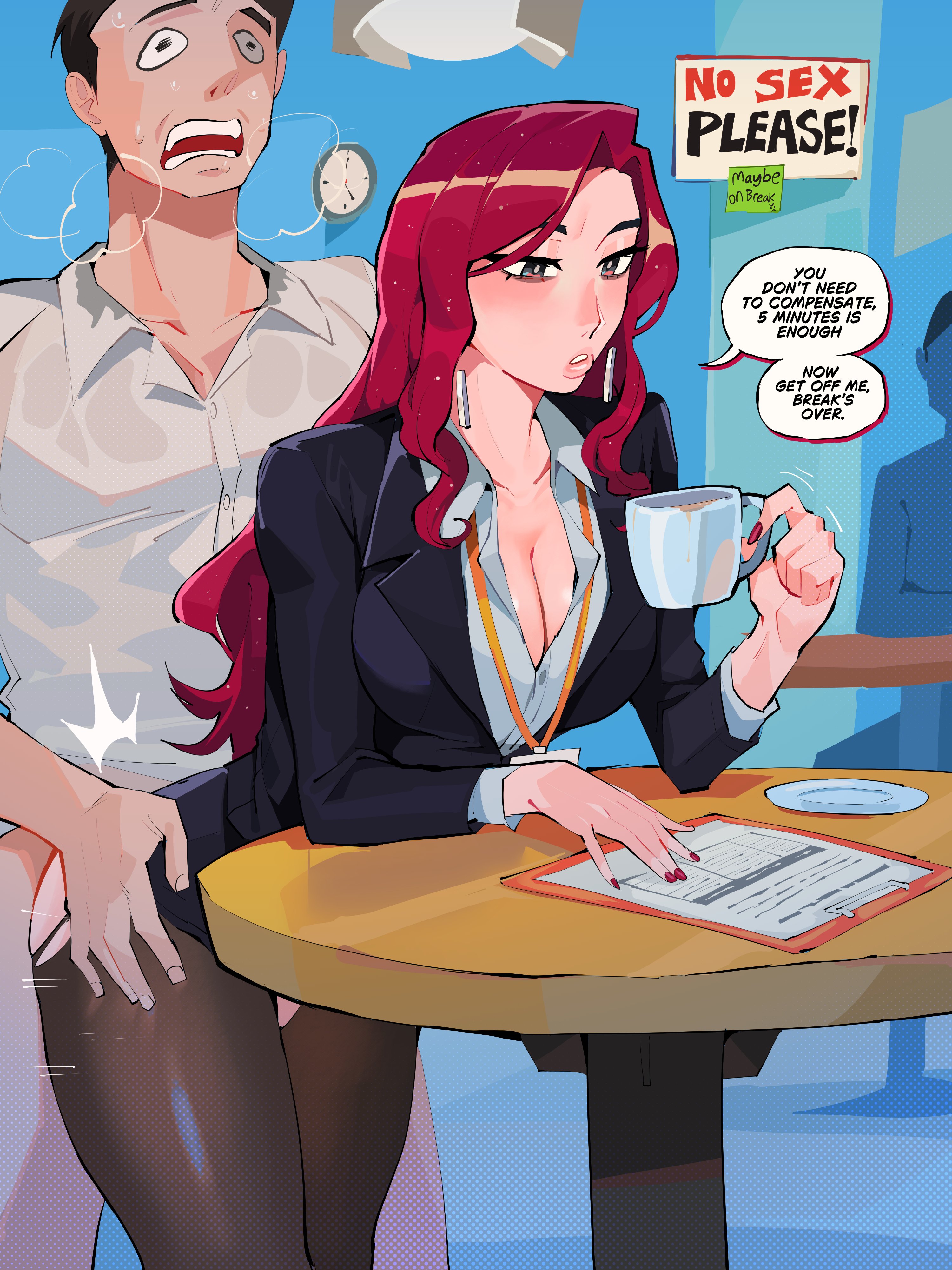 diforland, original, 1boy, 1girl, breasts, cleavage, clothed sex, clothing aside, coffee, cup, earrings, heavy breathing, id card, jewelry, leaning forward, lips, lipstick, makeup, motion lines, nail polish, name tag, office lady, sex, sex from behind, sweat, sweatdrop, trembling