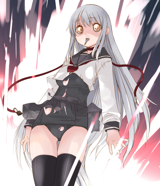 aka ume, 1girl, black one-piece swimsuit, female focus, long hair, mouth hold, one-piece swimsuit, school swimsuit, school uniform, serafuku, solo, swimsuit, swimsuit under clothes, thighhighs, torn clothes, very long hair