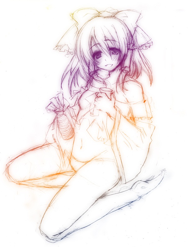 mame., hakurei reimu, touhou, 1girl, :d, alcohol, bare shoulders, barefoot, bow, choko (cup), crop top, cup, detached sleeves, drink, feet, female focus, flat chest, frills, full body, hair bow, hair tubes, japanese clothes, kneeling, long hair, looking at viewer, midriff, miko, monochrome, navel, no panties, open mouth, panties, sake, simple background, sketch, smile, soles, solo, tokkuri, underwear, wide sleeves