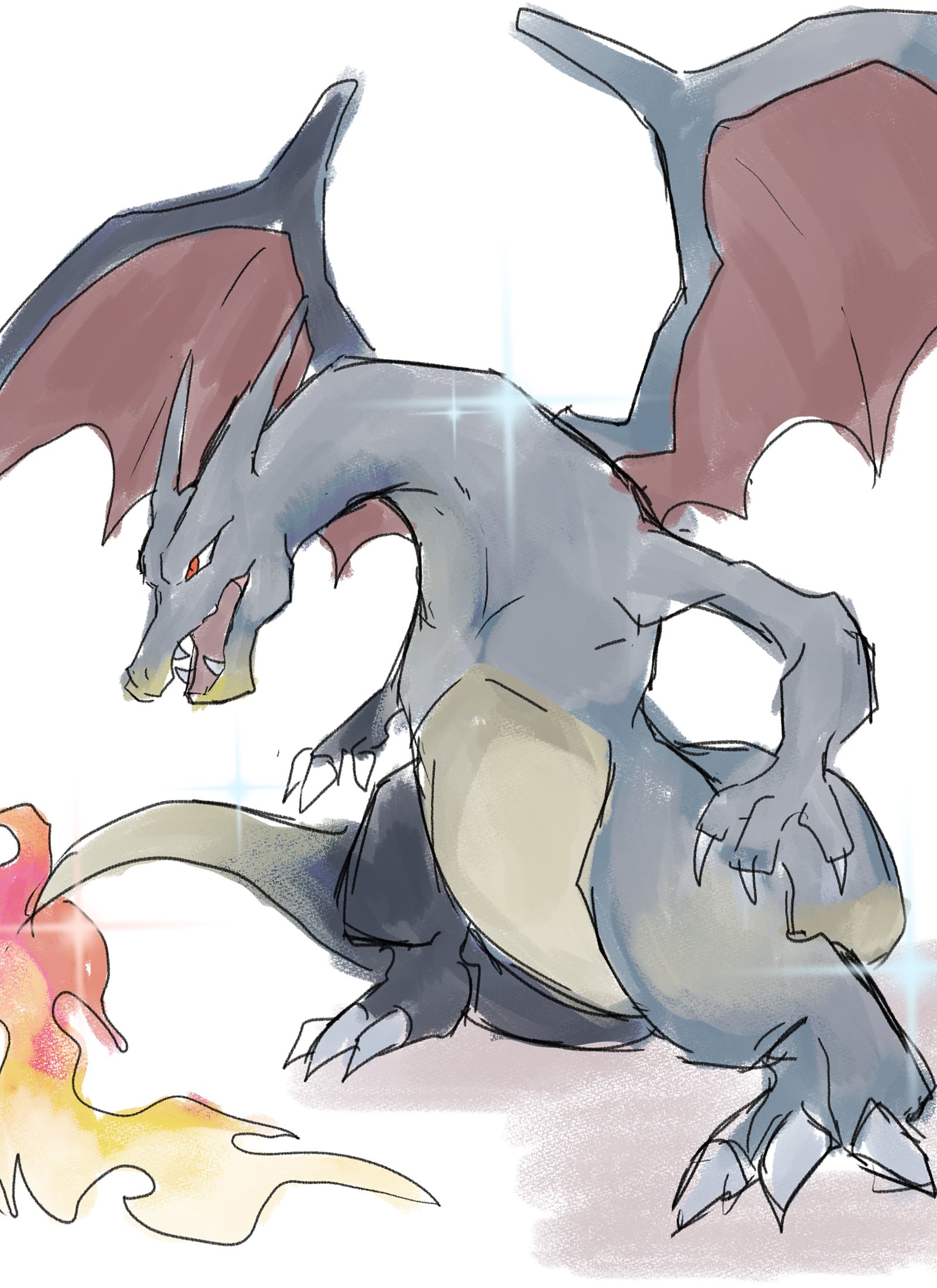 0262 rude, charizard, nintendo, pokemon, highres, alternate color, claws, dragon, fangs, fire, flame-tipped tail, gen 1 pokemon, no humans, open mouth, pokemon (creature), pokemon focus, shiny pokemon, simple background, tail, wings