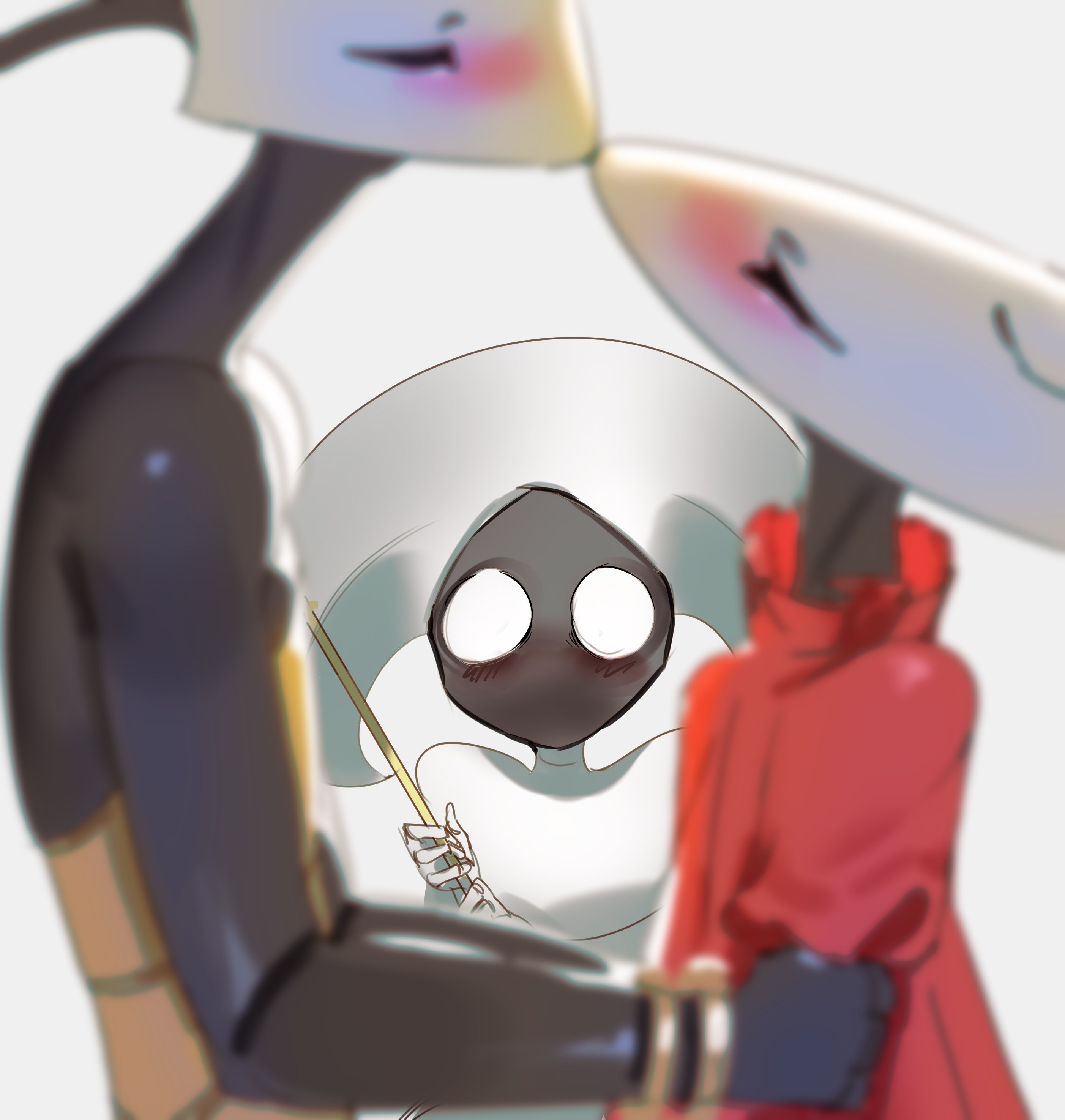 austinarts, hornet (hollow knight), lace (hollow knight), shakra (hollow knight), hollow knight, hollow knight: silksong, absurdres, highres, 3girls, black skin, blush, cloak, colored skin, dress, kiss, multiple girls, no mouth, pin (hollow knight), red cloak, simple background, white background, white dress, yuri