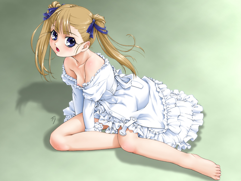fuji shinobu, 1girl, bare shoulders, barefoot, breasts, dress, feet, female focus, nipple slip, nipples, small breasts, solo, strapless, strapless dress, twintails