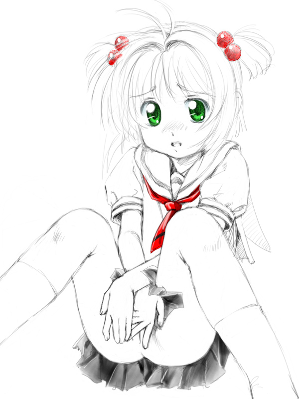fuji shinobu, kinomoto sakura, cardcaptor sakura, 1990s (style), 1girl, embarrassed, female focus, green eyes, hair bobbles, hair ornament, loli, looking at viewer, monochrome, no panties, retro artstyle, school uniform, serafuku, short hair, simple background, sketch, solo, tomoeda elementary school uniform, tomoeda middle school uniform, white background