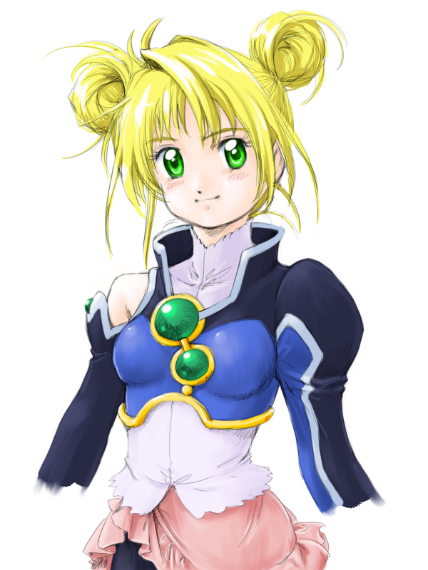 fuji shinobu, aeru (simoun), simoun, uniform, 00s, 1girl, blonde hair, blush, brooch, closed mouth, cowboy shot, detached sleeves, double bun, female focus, gem, green eyes, hair bun, head tilt, high collar, jewelry, long hair, looking at viewer, short hair, smile, solo, tareme