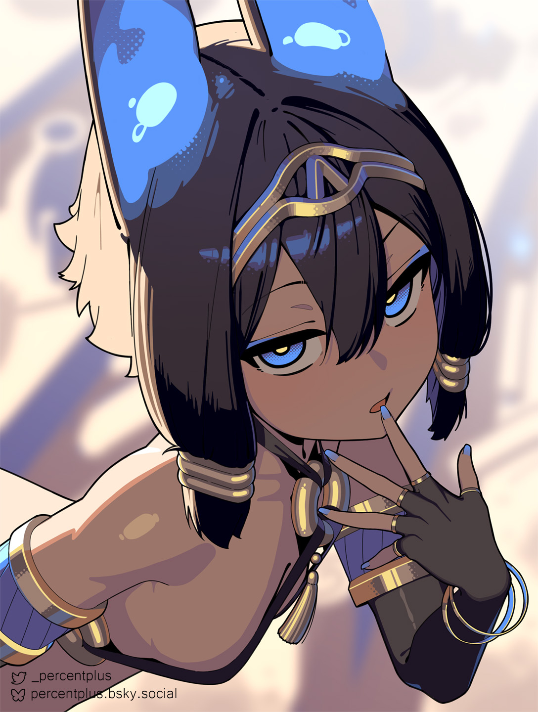 percentplus, anubis (mythology), egyptian mythology, original, commentary, english commentary, highres, 1girl, ancient egyptian, ancient egyptian clothes, animal ears, arm at side, armlet, bare shoulders, black gloves, blue eyeliner, blue eyes, blue nails, bluesky logo, bluesky username, blurry, blurry background, bracelet, breasts, brown hair, colored inner animal ears, elbow gloves, eyeliner, fingerless gloves, gloves, gold bracelet, hair between eyes, halterneck, hand up, jackal ears, jackal girl, jewelry, looking at viewer, makeup, o-ring, open hand, parted lips, short hair, small breasts, solo, tassel, twitter logo, twitter username, upper body, yellow pupils