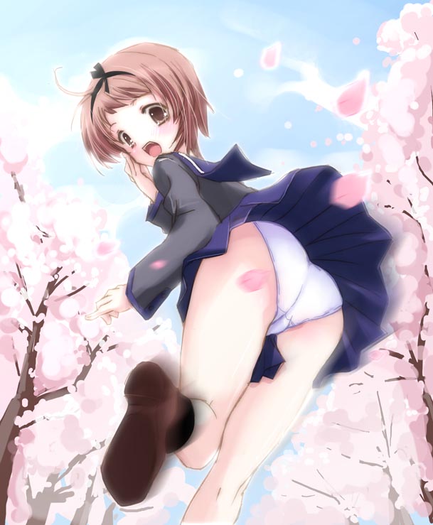 katase nano, katasena, 1girl, ass, brown eyes, brown hair, cherry blossoms, female focus, motion blur, panties, school uniform, serafuku, short hair, solo, underwear, wind, wind lift