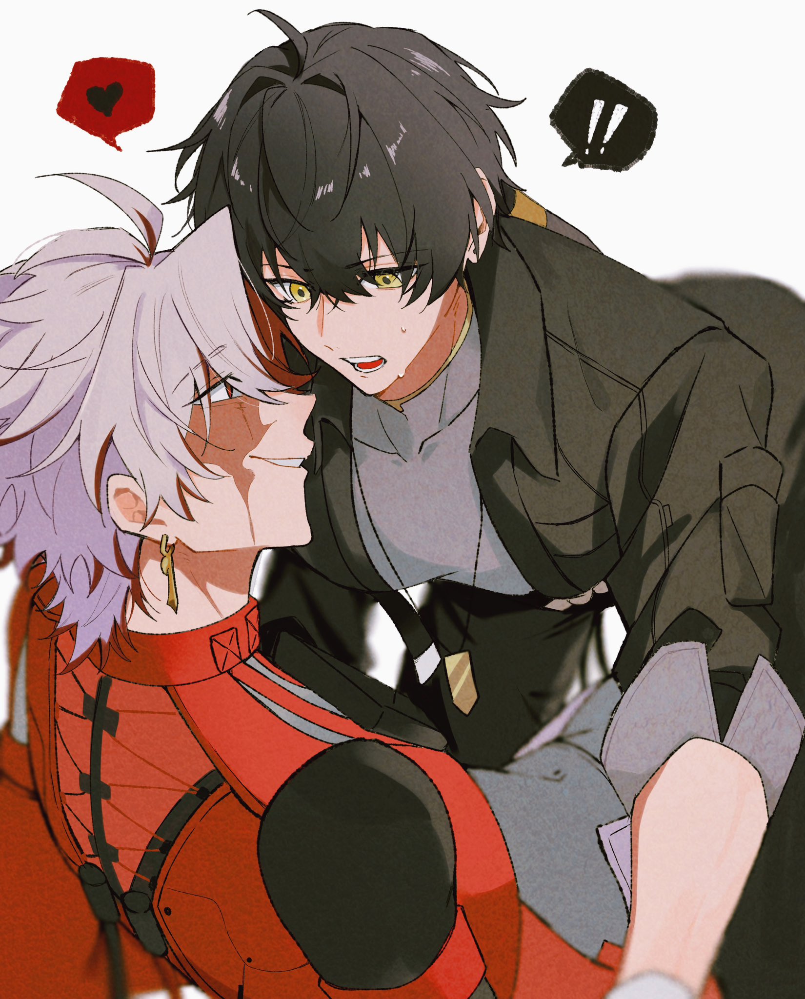 sadomne sabu, male rover (wuthering waves), rover (wuthering waves), scar (wuthering waves), wuthering waves, highres, !, !!, 2boys, ahoge, all fours, black hair, black jacket, black pants, bodysuit, coat, collared jacket, covered collarbone, earrings, grey bodysuit, grey shirt, hair between eyes, hair ornament, heart, jacket, jewelry, long hair, long sleeves, looking at another, low ponytail, lying, male focus, multicolored hair, multiple boys, necklace, open clothes, open jacket, open mouth, pants, ponytail, red coat, red eyes, red hair, scar, scar across eye, scar on face, shirt, short hair, simple background, smile, speech bubble, spoken exclamation mark, spoken heart, sweat, sword earrings, t-shirt, teeth, two-tone hair, white background, white hair, yaoi, yellow eyes