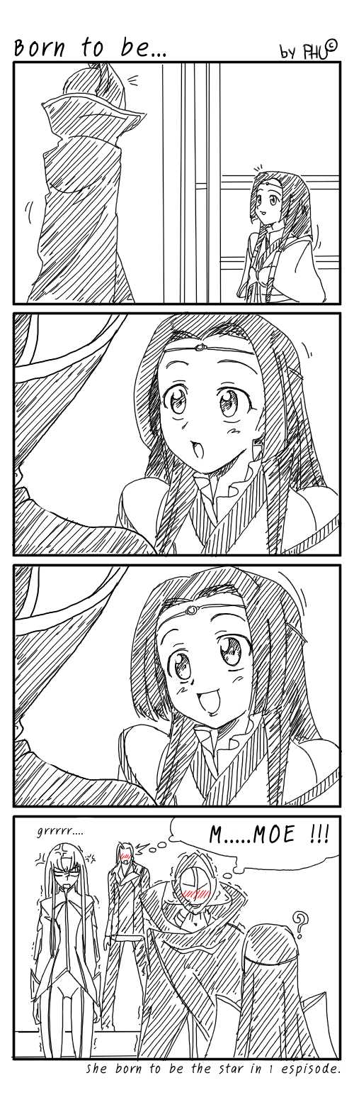 c.c., diethard ried, lelouch vi britannia, sumeragi kaguya, code geass, highres, long image, tall image, 00s, 2boys, 2girls, 4koma, comic, greyscale, moe (phrase), monochrome, multiple boys, multiple girls