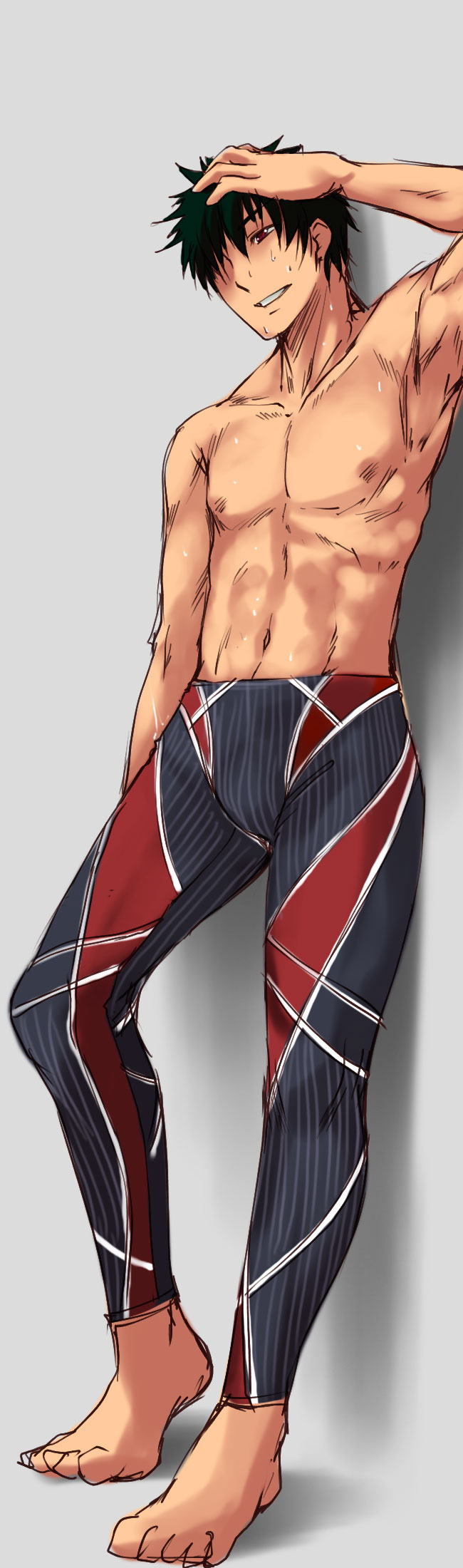 bosshi, highres, long image, tall image, 1boy, against wall, black hair, black male swimwear, full body, hair over one eye, hand on own head, leaning, legskin, male focus, male swimwear, navel, red eyes, sketch, smile, solo, swimsuit, tight clothes, toned, topless male, wet