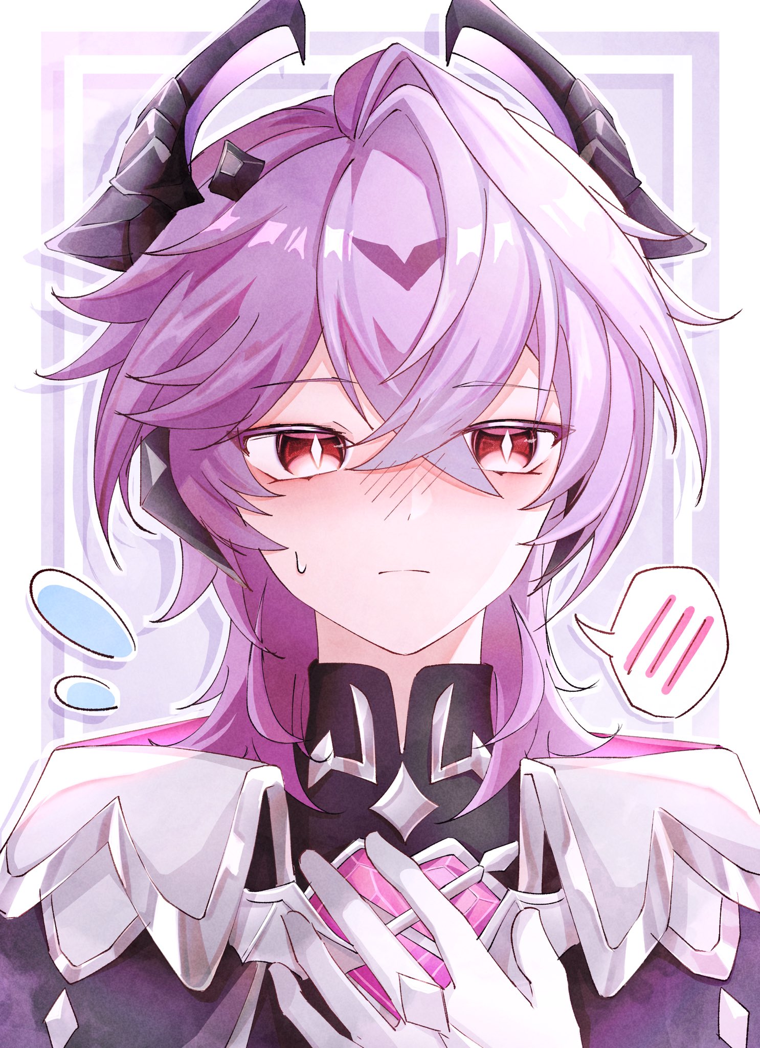 mini durin (genshin impact), mini durin (human) (genshin impact), genshin impact, commentary request, highres, 1boy, black shirt, blush, bright pupils, collared shirt, crossed bangs, curtained hair, diamond-shaped pupils, diamond (shape), dragon boy, dragon horns, dragon wings, hair between eyes, hand on own chest, heart, high collar, horns, kuro774 n, looking ahead, medium hair, nose blush, pink hair, portrait, purple background, red eyes, shadow, shirt, solo, speech bubble, sweatdrop, symbol-shaped pupils, two-tone background, water drop, white background, white pupils, wings