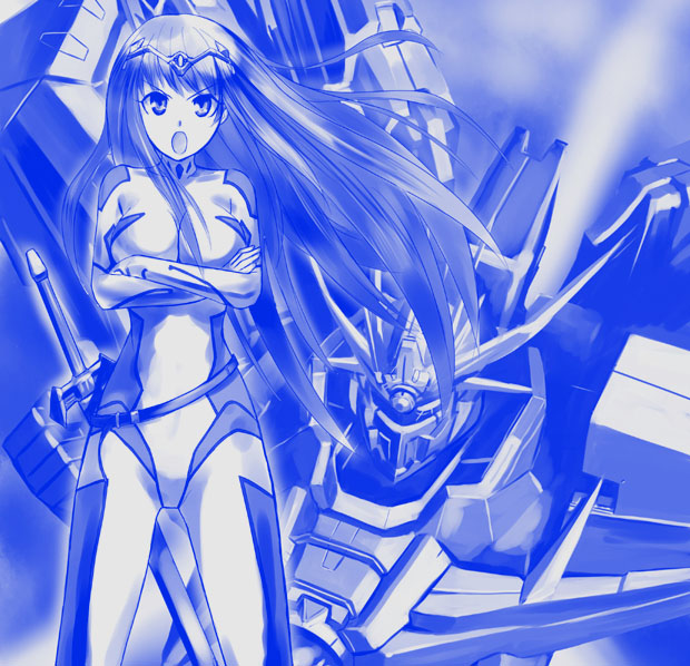 adachi yousuke, top wo nerae!, top wo nerae! (series), 1girl, blue theme, breasts, breasts squeezed together, crossed arms, female focus, large breasts, long hair, monochrome, open mouth, solo, sword, weapon