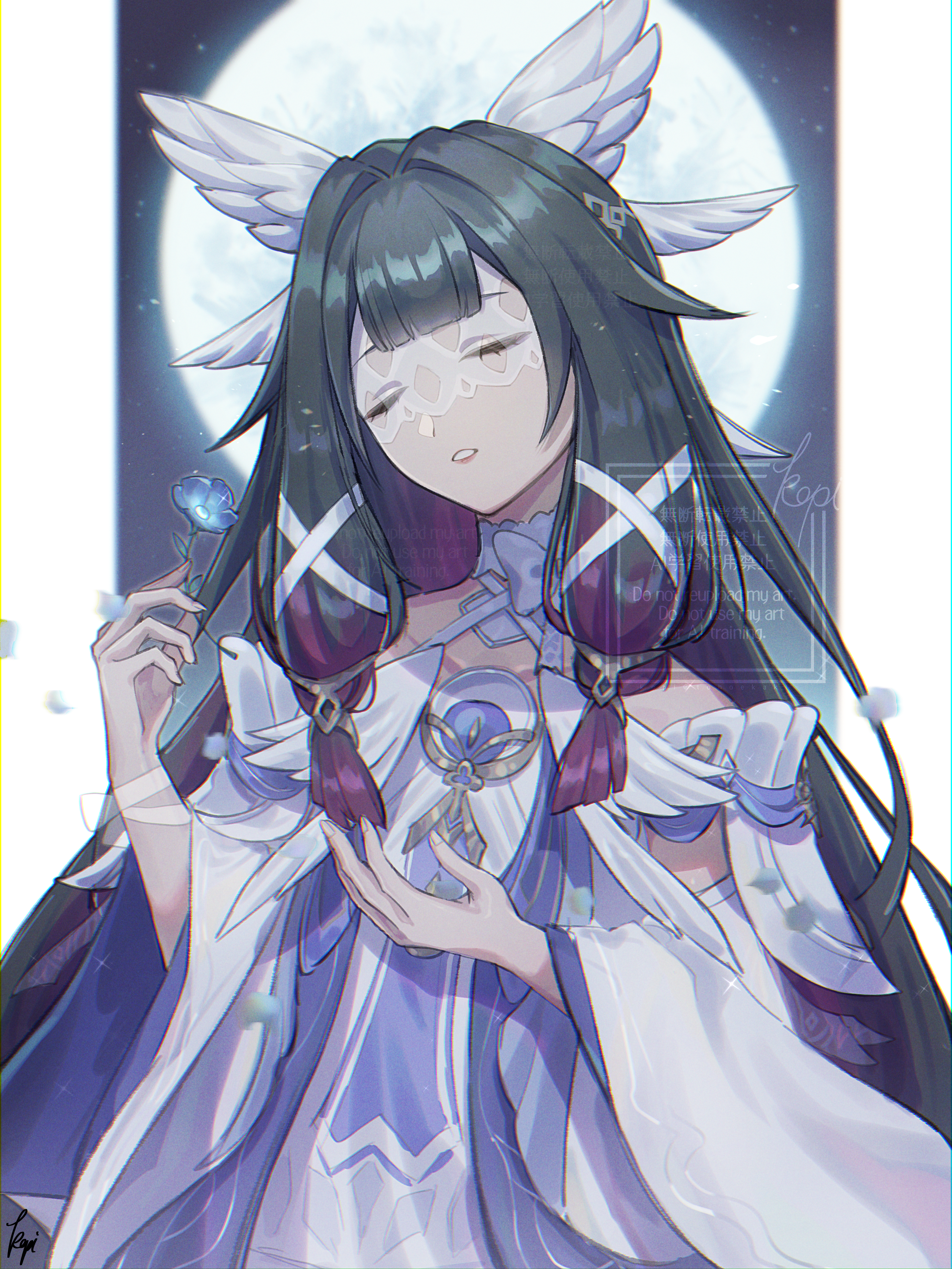 kopi (user ajtn7422), columbina (genshin impact), genshin impact, absurdres, commentary request, highres, 1girl, angel wings, blue flower, closed eyes, clothing cutout, collarbone, detached sleeves, dress, feathered wings, flower, full moon, gradient hair, head tilt, head wings, holding, holding flower, long hair, long sleeves, moon, multicolored hair, night, night sky, outdoors, parted lips, pink lips, shade, sidelocks, sky, solo, standing, streaked hair, teeth, upper body, watermark, wavy hair, white dress, white wings, wide sleeves, wings